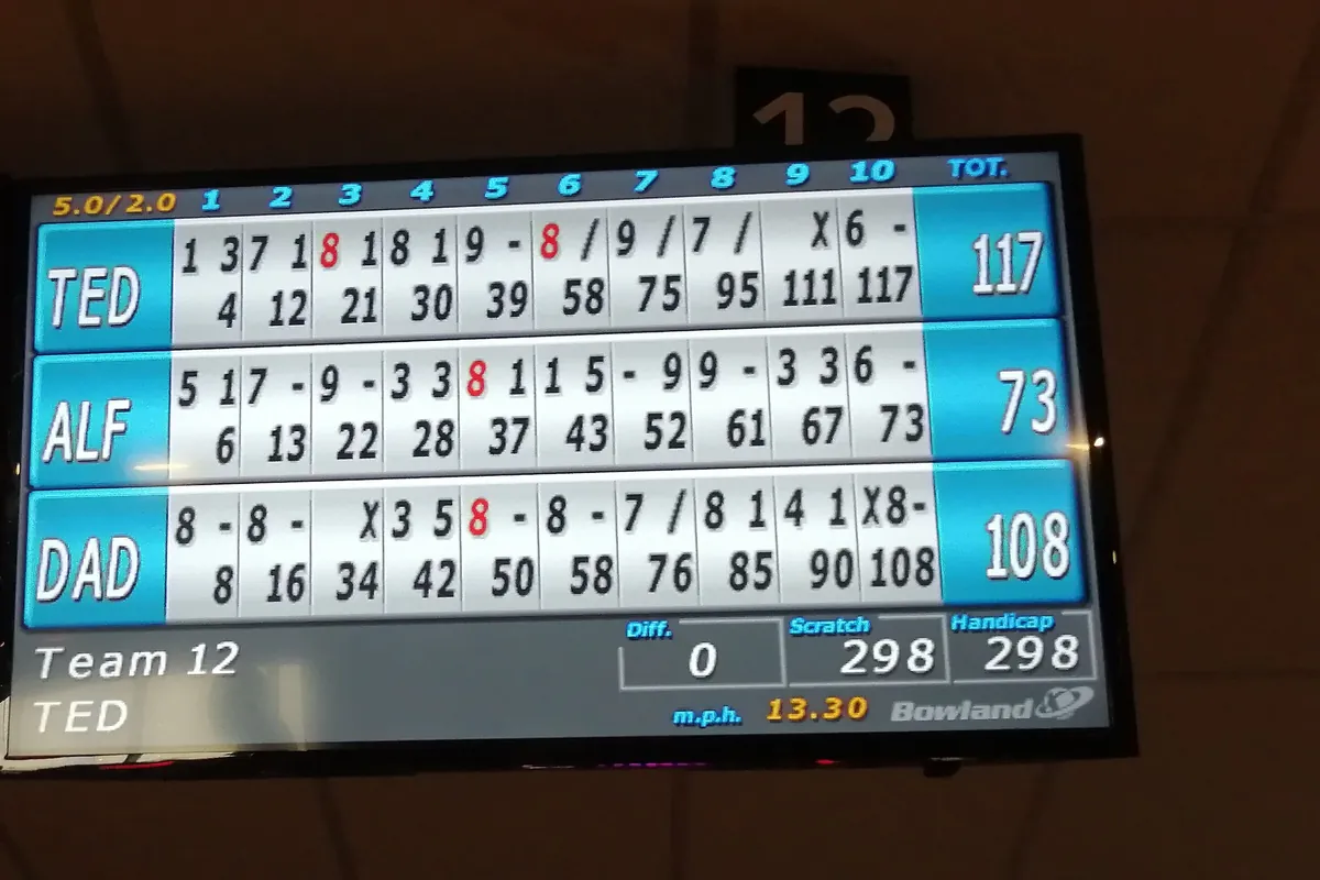 Écran de score de bowling affichant strikes, spares et totaux cumulés de trois joueurs